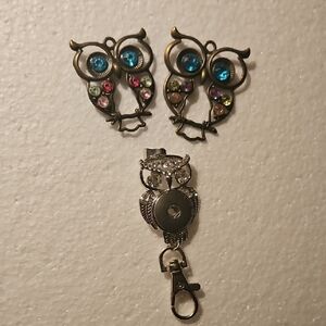 Owl Crystal Accent Earrings and Clip Keychain Set - Multicolor